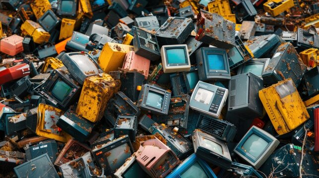 Heap of outdated monitors and electronic devices. Emphasizing e-waste management, technology recycling, and sustainability. Great for ecological content.