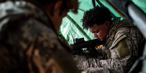 Fototapeta premium Soldier Inspecting Rifle in Camouflaged Tent