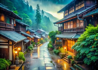 Fototapeta premium Serene Rainy Day in Lush Japanese Village: Double Exposure Stock Photo