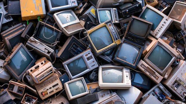 Heap of outdated monitors and electronic devices. Emphasizing e-waste management, technology recycling, and sustainability. Great for ecological content.