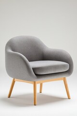 Fototapeta premium A sleek gray Scandinavian armchair with wooden legs presented on a transparent background, highlighting its minimalist design and cozy curvature.