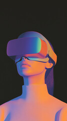 Immersed in the Digital Realm: A captivating close-up of a woman wearing a VR headset, bathed in vibrant neon light.