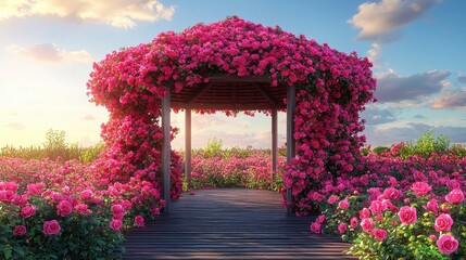 Naklejka premium Dreamy Gazebo Covered in Red and Pink Roses Surrounded by Lush Greenery