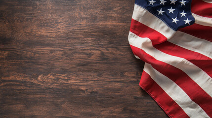 Obraz premium An American flag draped over a rustic wooden surface, symbolizing patriotism and unity.
