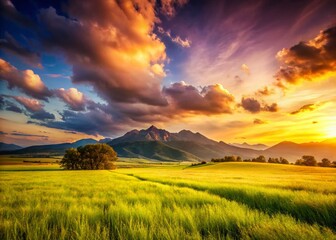 Serene Summer Landscape: Vast Meadow, Mountain Range, Warm Hues PNG