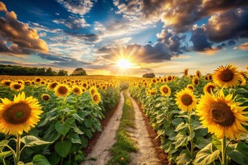 Fototapeta premium Serene Sunflower Field Path: Bright Sky, High Depth of Field Stock Photo