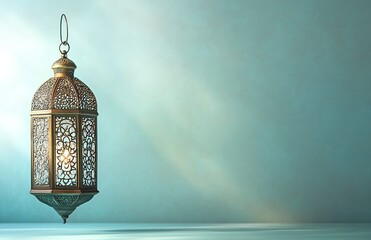 Ramadan background, in a color of white with ample copy space for text or graphics, featuring an elegant lantern on the left side and the right half filled with subtle Islamic patterns in light colors