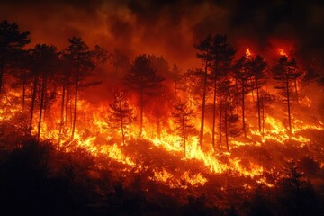 Fototapeta premium A forest is consumed by the flames of a wildfire, with trees and underbrush ablaze