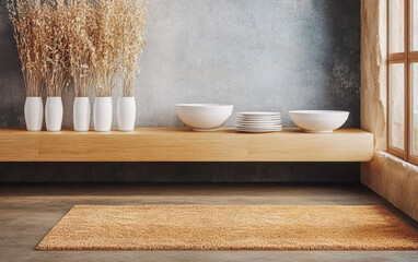 Modern kitchen interior design featuring minimalistic decor and natural elements