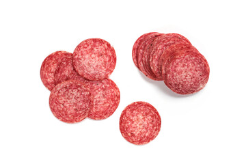 Sliced Czech pork fermented salami on white background. Top view. Flat lay.