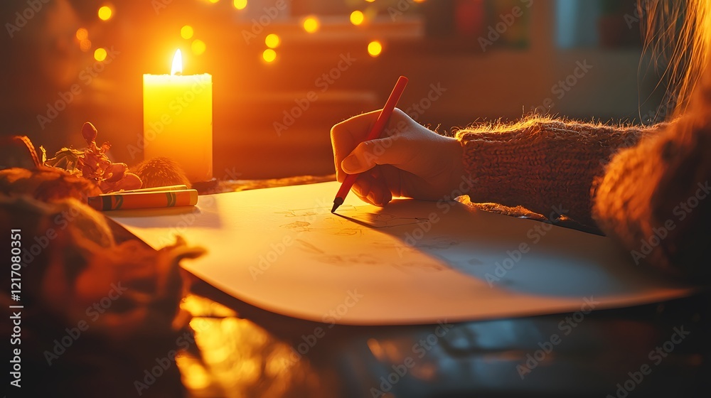 Poster A child drawing with a single crayon on a blank sheet of paper, the room sparsely decorated with soft light falling on their workspace
