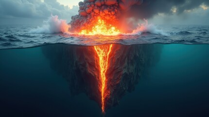 Spectacular underwater view of a volcanic eruption. Molten lava flows from the depths, creating a dramatic contrast of fire and water.