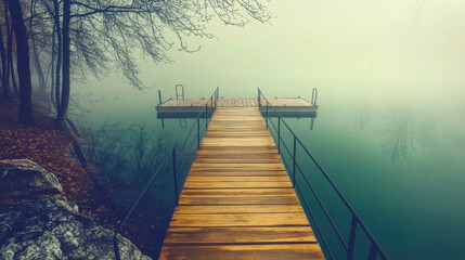 Fototapeta premium Wooden Dock Stretching Over Calm Foggy Lake Landscape with Trees