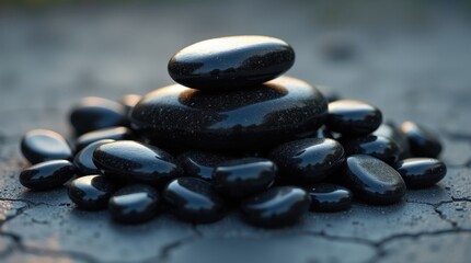 Smooth, dark stones arranged in a serene pile, bathed in soft light. A calming and peaceful image evoking a sense of tranquility.