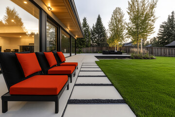 Obraz premium Modern outdoor seating area with vibrant cushions in a landscaped garden at twilight