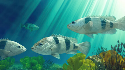 Fototapeta premium School of Fish Swimming in Ocean Among Lush Coral Reefs