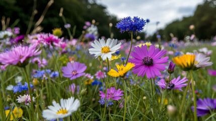 Vibrant wildflowers bloom in a lush green meadow during daylight hours