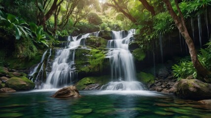 Fototapeta premium Serenity in Nature: A Stunning Waterfall Surrounded by Lush Greenery and Tranquil Waters in a Pristine Tropical