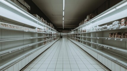 Obraz premium Aisle of an empty supermarket showcasing shelves lined with products and bright fluorescent lights