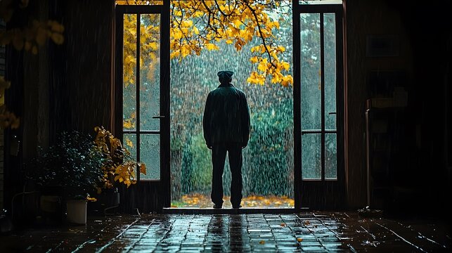 A man standing in an open doorway, watching the rain fall softly outside, his presence still and reflective