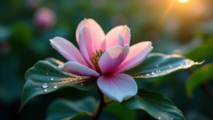 Fototapeta premium Close-up of a pink flower with water droplets at sunrise 