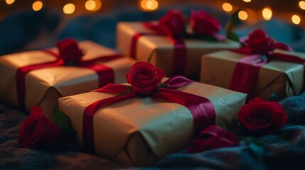 A cozy arrangement of beautifully wrapped gift packages adorned with red ribbons and roses, set against a softly illuminated background