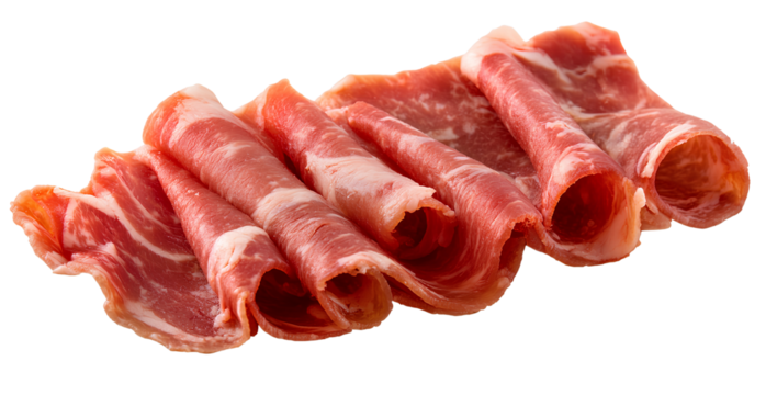 A piece of raw meat, sliced and arranged in an orderly manner on the right side of transparent background