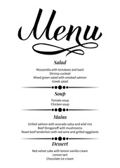 Menu card template. Minimalistic typography for cafe, bar, restaurant, etc. Vector design.