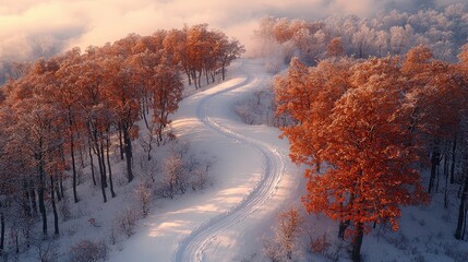 Fototapeta premium Serene Heart-Shaped Pathway Through Snowy Forest with Autumn Colors
