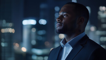 A strong black CEO in a suit looks out from his night office, pondering future investments in e-commerce while overseeing the bustling city below.