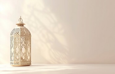 Fototapeta premium Ramadan background, in a color of white with ample copy space for text or graphics, featuring an elegant lantern on the left side and the right half filled with subtle Islamic patterns in light colors