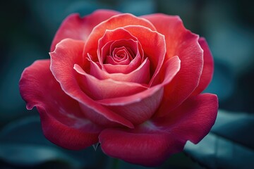 A close-up shot of a beautiful red rose with lush green leaves