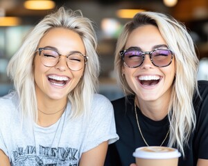 Obraz premium Two friends laughing together over coffee, capturing genuine emotional bonds and the essence of true friendship and care Discover joyful moments as they share a lighthearted break, creating memories