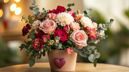 Obraz premium A beautiful arrangement of mixed flowers in a decorative pot, featuring roses and other blooms, perfect for decorations or gifts