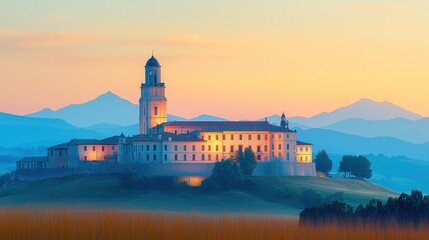 Obraz premium Historic Castle Illuminated at Dusk on Cliffside Surrounded by Mountain Peaks
