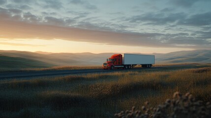 Fototapeta premium Red truck on highway sunrise, rural landscape, transport