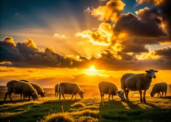 Naklejka premium Silhouetted Sheep Grazing at Sunset - Idyllic Pastoral Scene