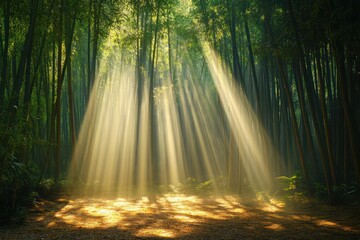 Sunlight streaming through a dense bamboo grove, casting long, dappled shadows on the forest floor