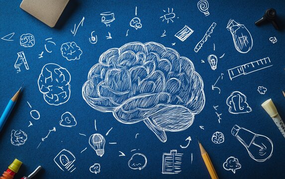 Brain icons sketch in blue and white, brainstorming and brainwork concept, creative idea generation, innovation design