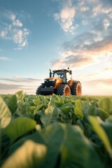 A low-angle view of an orange tractor in a lush green field under a clear blue sky, capturing the essence of speed and agricultural efficiency.