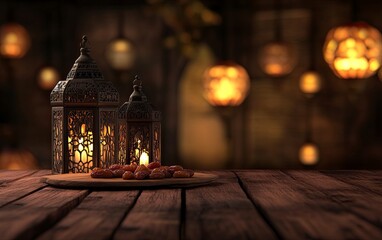 Ramadan background, with ample copy space for text and graphics, lanterns, dates on the table, nighttime, warm colors, professional color grading, soft shadows, low contrast, clean sharp focus.