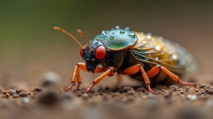 Fototapeta premium Close-up of a vibrant insect with striking red eyes and orange legs, showcasing intricate details and water droplets on its body.