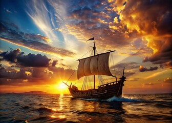 Obraz premium Silhouette of Ancient Greek Galley Ship at Sunset, Majestic Ocean Scene