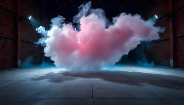 dark alley, nighttime urban scene, colorful smoke, pink and white smoke, atmospheric lighting, cinematic, moody, mysterious, fog effect, hazy, dramatic, neon tones, street photography aesthetic, high