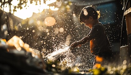 A child joyfully splashes in water, embracing the thrill of play while surrounded by the intense heat of summer.