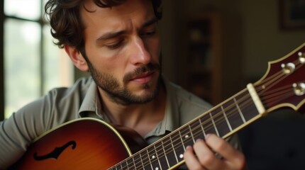 Obraz premium A young man with a beard plays an acoustic guitar. The warm lighting and intimate setting create a cozy, relaxed mood. He's deeply focused on the music.