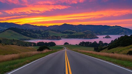 Lone Cyclist on Remote Coastal Road at Sunset with Dramatic Sky and Landscape