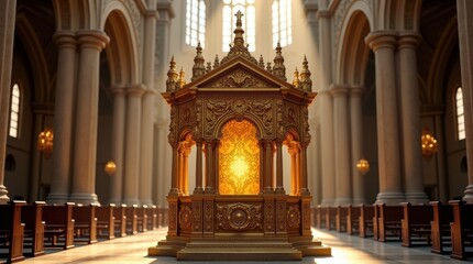 Fototapeta premium Ornate golden altar glows in the sunlight streaming through a grand church's high windows. The intricate details create an awe-inspiring scene of peace and serenity.
