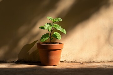 A single mint plant growing in a terracotta pot with soft natural shadows. picture