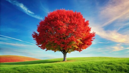 A majestic red maple tree stands tall and proud, its heart-shaped leaves glowing brightly against the soft blue sky on a warm summer day , summer landscape, vibrant green